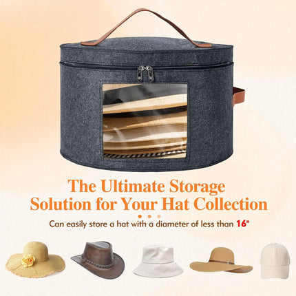 Round Hat Box, Stackable Felt Hat Boxes for Women Storage, Foldable Premium Hat Travel Case with Dustproof Lid, Space Saving Hat Organizer (Grey).