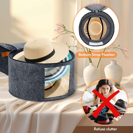 Round Hat Box, Stackable Felt Hat Boxes for Women Storage, Foldable Premium Hat Travel Case with Dustproof Lid, Space Saving Hat Organizer (Grey).