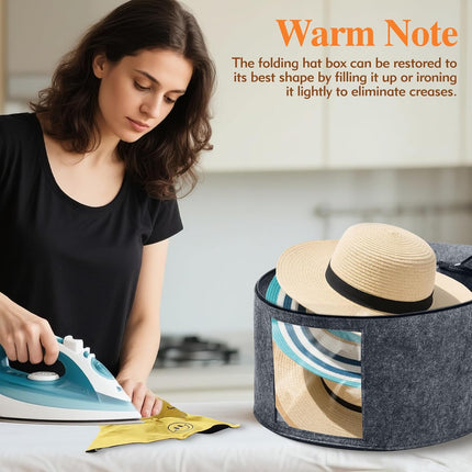 Round Hat Box, Stackable Felt Hat Boxes for Women Storage, Foldable Premium Hat Travel Case with Dustproof Lid, Space Saving Hat Organizer (Grey).
