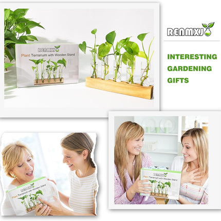 Plant Propagation Station, Plant Terrarium with Wooden Stand, Plants Pots for Hydroponics, Small Birthday Gardening Gifts for Women Mom Plants Lovers Unique - 5 Glass Test Tubes Vases.