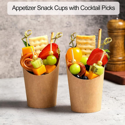Disposable Charcuterie Cups 60 PCS with 200PCS Sticks and 60PCS Bags, 14 oz Kraft Paper Snack Boxes Appetizers Cup French Fry Holder with Cocktail Skewers Toothpicks Tooth Picks, Brown.