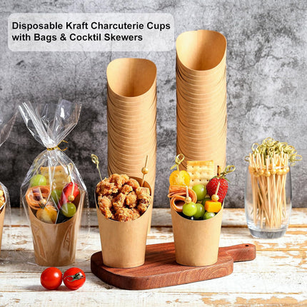 Disposable Charcuterie Cups 60 PCS with 200PCS Sticks and 60PCS Bags, 14 oz Kraft Paper Snack Boxes Appetizers Cup French Fry Holder with Cocktail Skewers Toothpicks Tooth Picks, Brown.