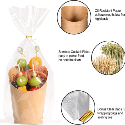 Disposable Charcuterie Cups 60 PCS with 200PCS Sticks and 60PCS Bags, 14 oz Kraft Paper Snack Boxes Appetizers Cup French Fry Holder with Cocktail Skewers Toothpicks Tooth Picks, Brown.