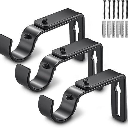 Curtain Rod Bracket Adjustable, Drapery Rod Holder Hooks Support Hangers for 1 inch Diameter Window Curtain Rods (Black, 3-Pack).