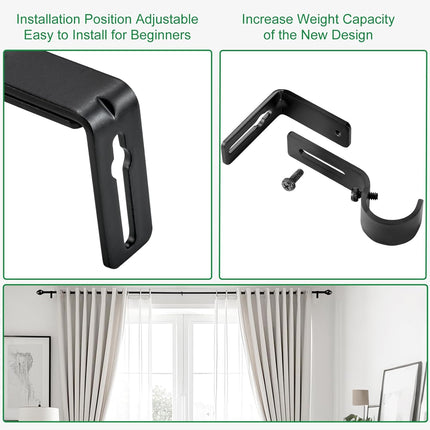 Curtain Rod Bracket Adjustable, Drapery Rod Holder Hooks Support Hangers for 1 inch Diameter Window Curtain Rods (Black, 3-Pack).
