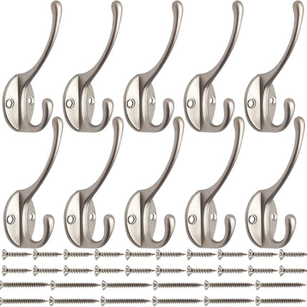 10 Pack Dual Coat Hooks Wall Mounted with 40 Screws Retro Double Hooks Utility Silvery Hooks for Coat, Scarf, Bag, Towel, Key, Cap, Cup, Hat (Silvery).