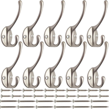 10 Pack Dual Coat Hooks Wall Mounted with 40 Screws Retro Double Hooks Utility Silvery Hooks for Coat, Scarf, Bag, Towel, Key, Cap, Cup, Hat (Silvery).