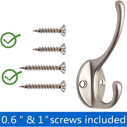 10 Pack Dual Coat Hooks Wall Mounted with 40 Screws Retro Double Hooks Utility Silvery Hooks for Coat, Scarf, Bag, Towel, Key, Cap, Cup, Hat (Silvery).