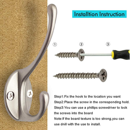 10 Pack Dual Coat Hooks Wall Mounted with 40 Screws Retro Double Hooks Utility Silvery Hooks for Coat, Scarf, Bag, Towel, Key, Cap, Cup, Hat (Silvery).
