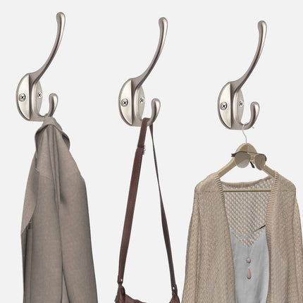10 Pack Dual Coat Hooks Wall Mounted with 40 Screws Retro Double Hooks Utility Silvery Hooks for Coat, Scarf, Bag, Towel, Key, Cap, Cup, Hat (Silvery).