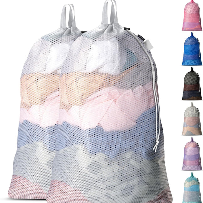 Large Mesh Laundry Bags - 2-Pack Heavy Duty with Handles & Drawstring - Machine Washable Net Laundry Sacks for College Dorm, Camp, Travel, Bedding & Clothes Storage (White).