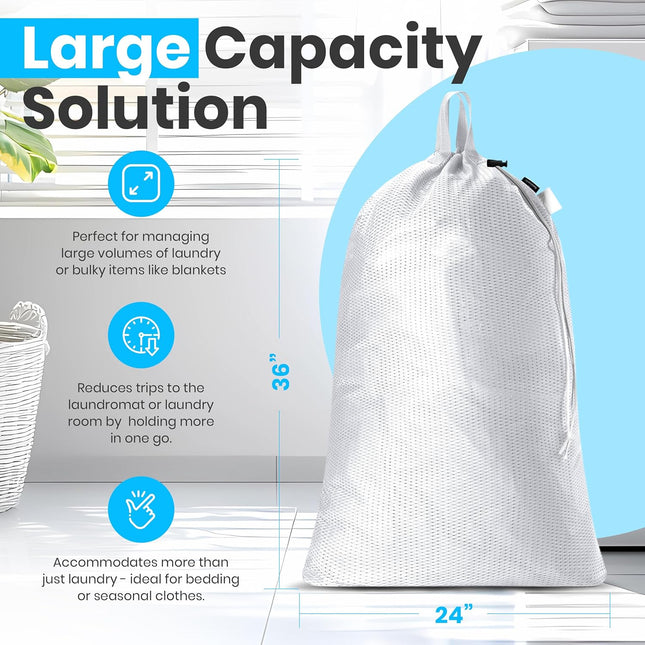 Large Mesh Laundry Bags - 2-Pack Heavy Duty with Handles & Drawstring - Machine Washable Net Laundry Sacks for College Dorm, Camp, Travel, Bedding & Clothes Storage (White).