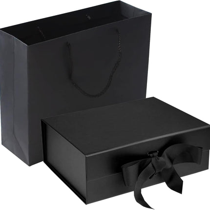 Black Luxury Magnetic Gift Box with Lid, Ribbons and Gift Bag, Medium Size-9.4x7x3 Inches, Great for Christmas, New Year, Wedding, Birthdays, Man.