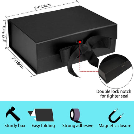 Black Luxury Magnetic Gift Box with Lid, Ribbons and Gift Bag, Medium Size-9.4x7x3 Inches, Great for Christmas, New Year, Wedding, Birthdays, Man.