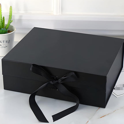 Black Luxury Magnetic Gift Box with Lid, Ribbons and Gift Bag, Medium Size-9.4x7x3 Inches, Great for Christmas, New Year, Wedding, Birthdays, Man.