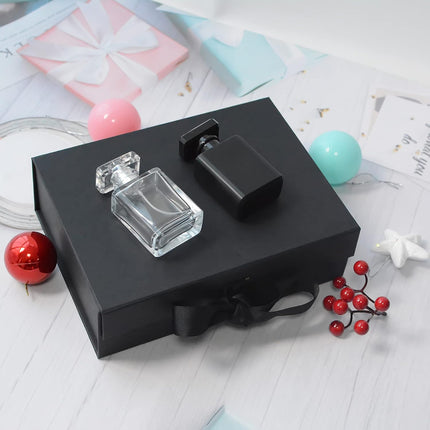 Black Luxury Magnetic Gift Box with Lid, Ribbons and Gift Bag, Medium Size-9.4x7x3 Inches, Great for Christmas, New Year, Wedding, Birthdays, Man.