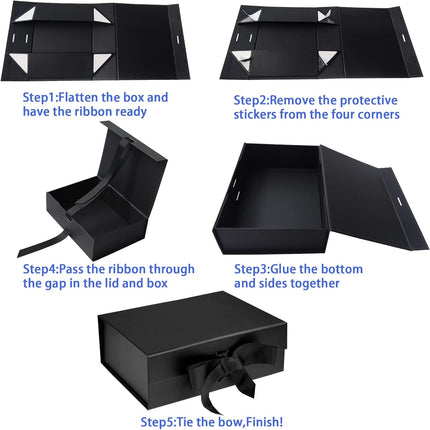Black Luxury Magnetic Gift Box with Lid, Ribbons and Gift Bag, Medium Size-9.4x7x3 Inches, Great for Christmas, New Year, Wedding, Birthdays, Man.