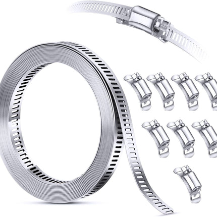 304 Stainless Steel Hose Clamp Assortment Kit DIY, Cut-To-Fit 12 FT Metal Strap+8 Stronger Fasteners,Large Adjustable Worm Gear Band Hose Clamps Screw Clamps Duct Pipe Metal Clamp Strapping.