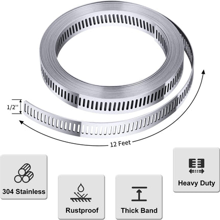 304 Stainless Steel Hose Clamp Assortment Kit DIY, Cut-To-Fit 12 FT Metal Strap+8 Stronger Fasteners,Large Adjustable Worm Gear Band Hose Clamps Screw Clamps Duct Pipe Metal Clamp Strapping.