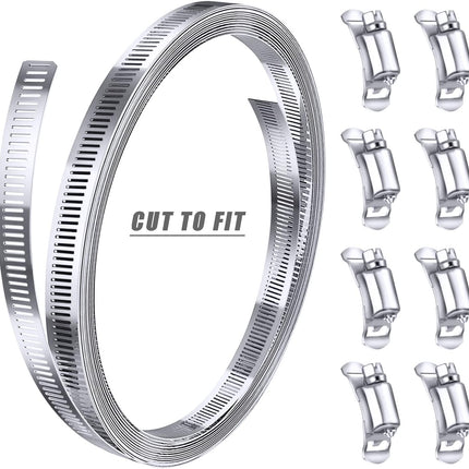 304 Stainless Steel Hose Clamp Assortment Kit DIY, Cut-To-Fit 12 FT Metal Strap+8 Stronger Fasteners,Large Adjustable Worm Gear Band Hose Clamps Screw Clamps Duct Pipe Metal Clamp Strapping.