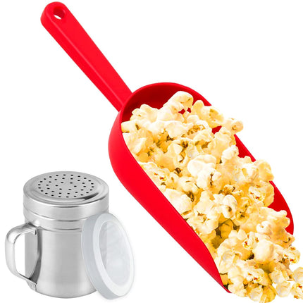 Red Popcorn Plastic Scoop with Popcorn Salt Shaker (Handle, Plastic Cap) - Popcorn Concession Supplies Bundle.