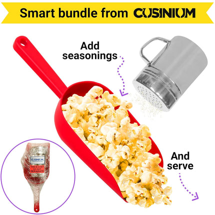 Red Popcorn Plastic Scoop with Popcorn Salt Shaker (Handle, Plastic Cap) - Popcorn Concession Supplies Bundle.