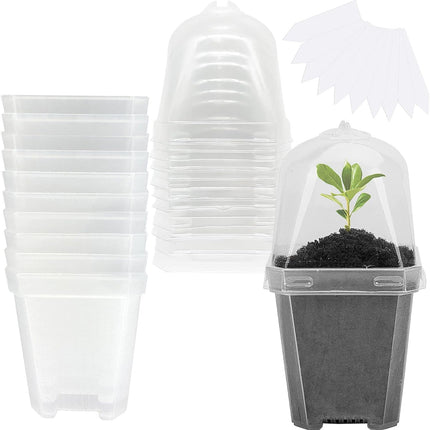 10PCS Clear Plant Nursery Pots with Humidity Dome - 3" Plastic Gardening Pot with Labels, Durable Plastic Plant Container for Seedlings/Vegetables/Succulents/Cuttings.