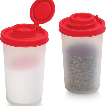 SIGNORAWARE Salt and Pepper Shakers Moisture Proof Set of 2 Large Salt Shaker to go Camping Picnic Outdoors Kitchen Lunch Boxes Travel Spice Set Clear with Red Covers Lids Plastic Airtight Dispenser.