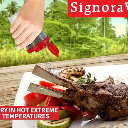 SIGNORAWARE Salt and Pepper Shakers Moisture Proof Set of 2 Large Salt Shaker to go Camping Picnic Outdoors Kitchen Lunch Boxes Travel Spice Set Clear with Red Covers Lids Plastic Airtight Dispenser.