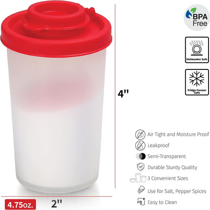 SIGNORAWARE Salt and Pepper Shakers Moisture Proof Set of 2 Large Salt Shaker to go Camping Picnic Outdoors Kitchen Lunch Boxes Travel Spice Set Clear with Red Covers Lids Plastic Airtight Dispenser.