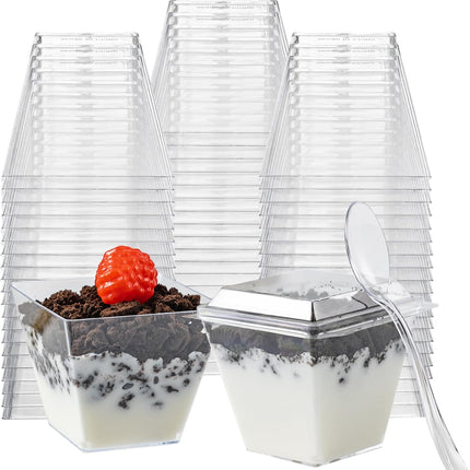 60Pack 4oz Plastic Dessert Cups with Lids and Spoons, Mini Plastic Parfait Cups for Parties, Clear Square Cups for Appetizer Cake Ice-cream.