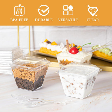 60Pack 4oz Plastic Dessert Cups with Lids and Spoons, Mini Plastic Parfait Cups for Parties, Clear Square Cups for Appetizer Cake Ice-cream.