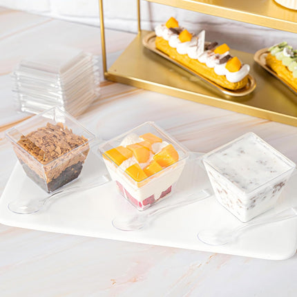 60Pack 4oz Plastic Dessert Cups with Lids and Spoons, Mini Plastic Parfait Cups for Parties, Clear Square Cups for Appetizer Cake Ice-cream.