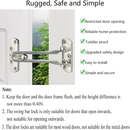 Home Security Door Lock, 2 Pack Latch Guard Clasp Front Door Locks for Kids, Home Reinforcement Lock for Swing-in Doors, Hotel Door Latches, Thicken Solid Aluminium Alloy, Satin Nickel.