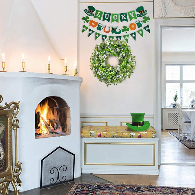 St Patricks Day Decorations Artificial Wreath Lucky Shamrock Clover Leprechaun Hat Beers Spring Summer Party Decor Outdoor/Indoor Farmhouse Front Porch Wall Window Door.