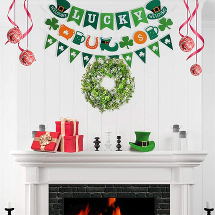 St Patricks Day Decorations Artificial Wreath Lucky Shamrock Clover Leprechaun Hat Beers Spring Summer Party Decor Outdoor/Indoor Farmhouse Front Porch Wall Window Door.