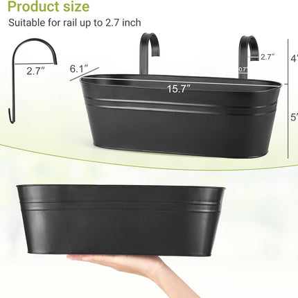 3 Pcs Metal Hanging Flower Pots for Railing Fence Outdoor Planter 15.7 Inch Hanging Bucket Pots Countryside Window Flower Plant Holder with Detachable Hooks for Garden Yard Home Decor,Black.
