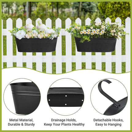 3 Pcs Metal Hanging Flower Pots for Railing Fence Outdoor Planter 15.7 Inch Hanging Bucket Pots Countryside Window Flower Plant Holder with Detachable Hooks for Garden Yard Home Decor,Black.