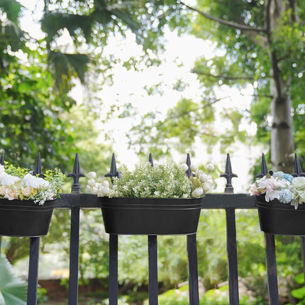 3 Pcs Metal Hanging Flower Pots for Railing Fence Outdoor Planter 15.7 Inch Hanging Bucket Pots Countryside Window Flower Plant Holder with Detachable Hooks for Garden Yard Home Decor,Black.