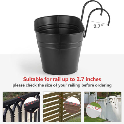 3 Pcs Metal Hanging Flower Pots for Railing Fence Outdoor Planter 15.7 Inch Hanging Bucket Pots Countryside Window Flower Plant Holder with Detachable Hooks for Garden Yard Home Decor,Black.
