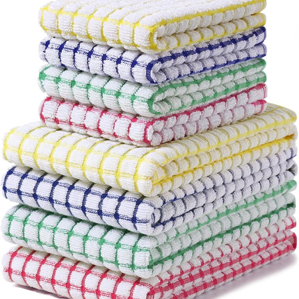 Kitchen Towels and Dishcloths Set, 16 x 25 and 12 x 12 Inches, Set of 8 Cotton Terry Kitchen Dish Towels, Super Soft and Absorbent Dish Cloths, Blue/Yellow/Red/Green.