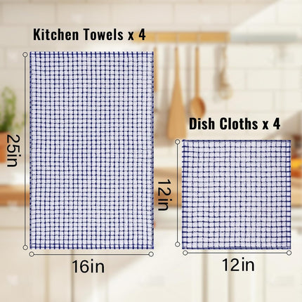 Kitchen Towels and Dishcloths Set, 16 x 25 and 12 x 12 Inches, Set of 8 Cotton Terry Kitchen Dish Towels, Super Soft and Absorbent Dish Cloths, Blue/Yellow/Red/Green.