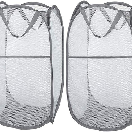 2 Pcs Popup Mesh Laundry Baskets, Collapsible and Portable Clothes Washing Laundry Hampers with Reinforced Carry Handles, Gray Clothes Hamper for Home, Travel, College Dorm.