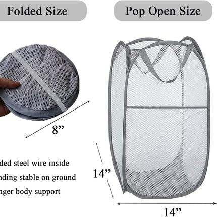 2 Pcs Popup Mesh Laundry Baskets, Collapsible and Portable Clothes Washing Laundry Hampers with Reinforced Carry Handles, Gray Clothes Hamper for Home, Travel, College Dorm.