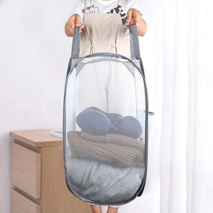2 Pcs Popup Mesh Laundry Baskets, Collapsible and Portable Clothes Washing Laundry Hampers with Reinforced Carry Handles, Gray Clothes Hamper for Home, Travel, College Dorm.