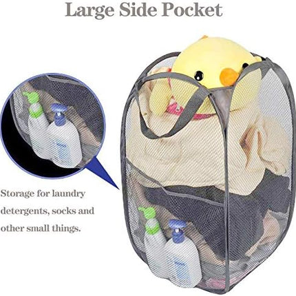2 Pcs Popup Mesh Laundry Baskets, Collapsible and Portable Clothes Washing Laundry Hampers with Reinforced Carry Handles, Gray Clothes Hamper for Home, Travel, College Dorm.