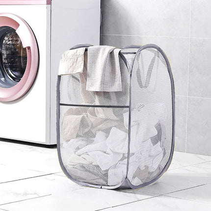 2 Pcs Popup Mesh Laundry Baskets, Collapsible and Portable Clothes Washing Laundry Hampers with Reinforced Carry Handles, Gray Clothes Hamper for Home, Travel, College Dorm.