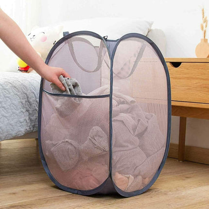 2 Pcs Popup Mesh Laundry Baskets, Collapsible and Portable Clothes Washing Laundry Hampers with Reinforced Carry Handles, Gray Clothes Hamper for Home, Travel, College Dorm.