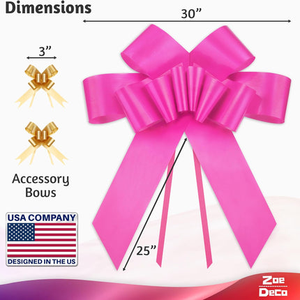 - Big Car Bow - Pink, 30 Inch - Giant Car Bow w/ 2 Gold Accessory Bows for Birthday, Christmas, Wedding Reception, Surprise Party - Large Gift Wrapping for Huge Present.