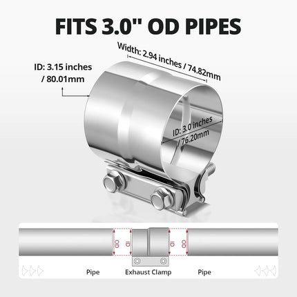3.0'' Exhaust Clamp, Lap Joint Band Clamp Stainless Steel for Pipes, Mufflers, Catalytic Converters (4Pcs, 3.0 inch).